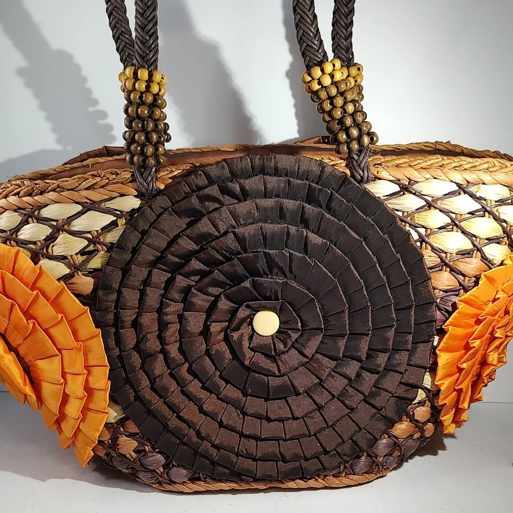 Chico's Brown and Orange Tote with Rosette Accents - Picture 10 of 16